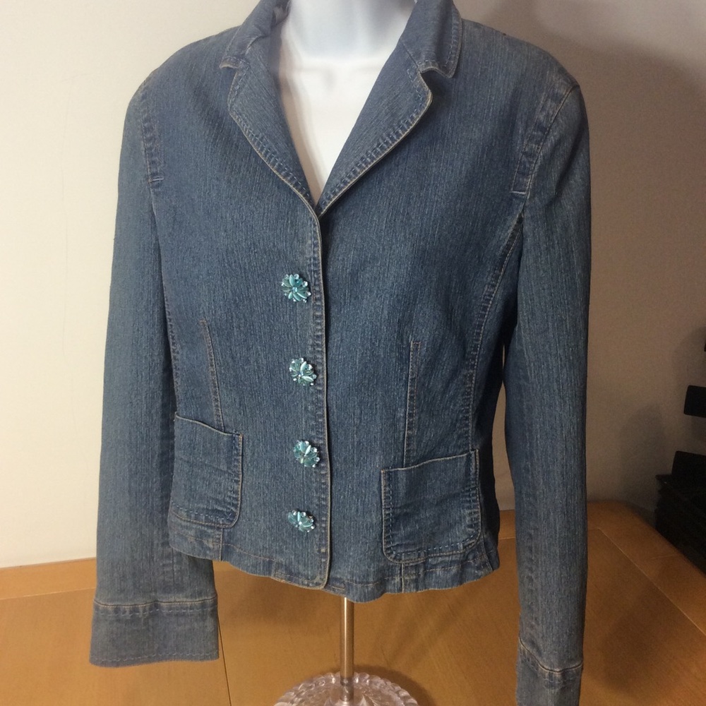 LUII denim jacket with jeweled button accents.